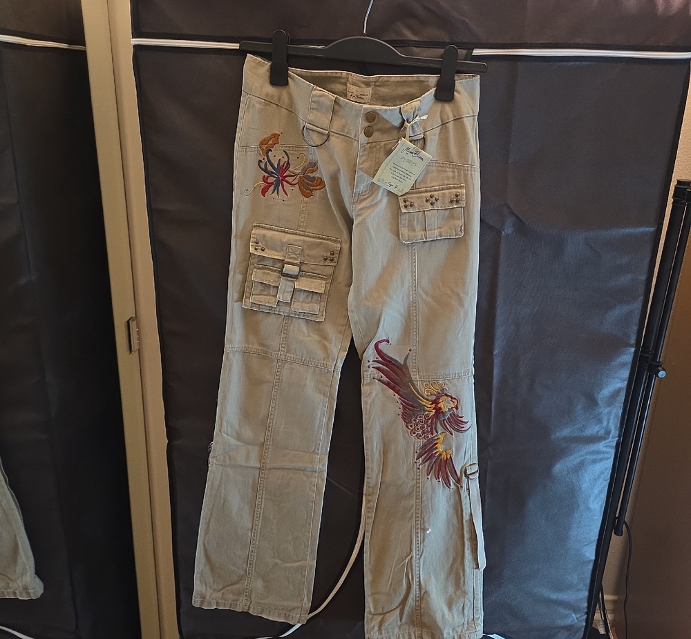 Womens Boot Cut Embroidered Cargo Jeans - Beige